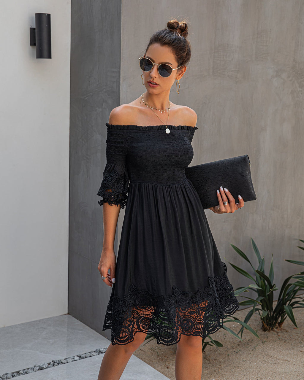 Spring Summer Top-Selling Product Women off-Shoulder Backless Solid Color Lace Dress