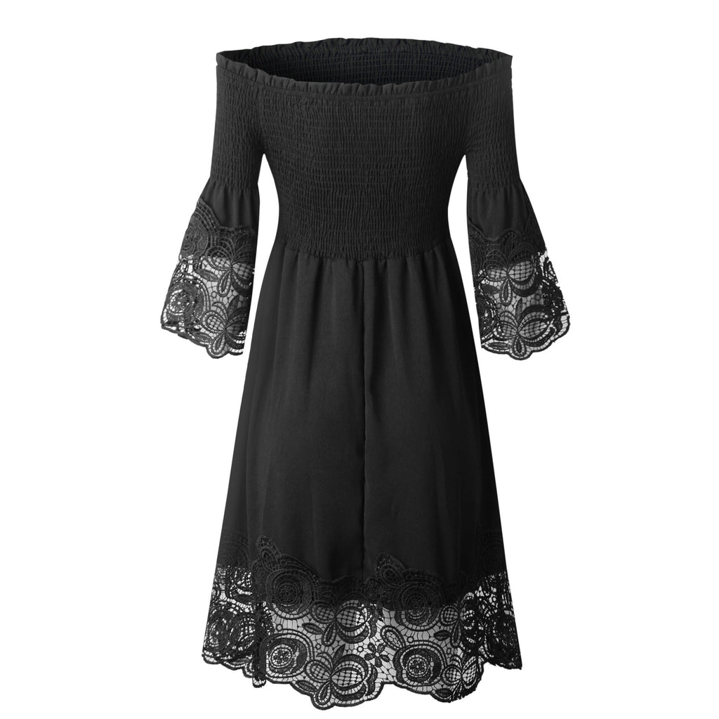 Spring Summer Top-Selling Product Women off-Shoulder Backless Solid Color Lace Dress