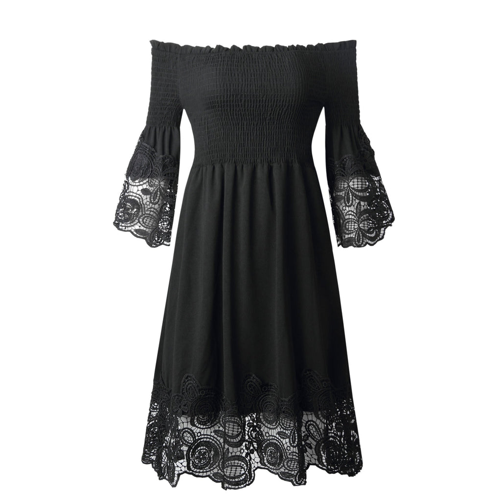 Spring Summer Top-Selling Product Women off-Shoulder Backless Solid Color Lace Dress