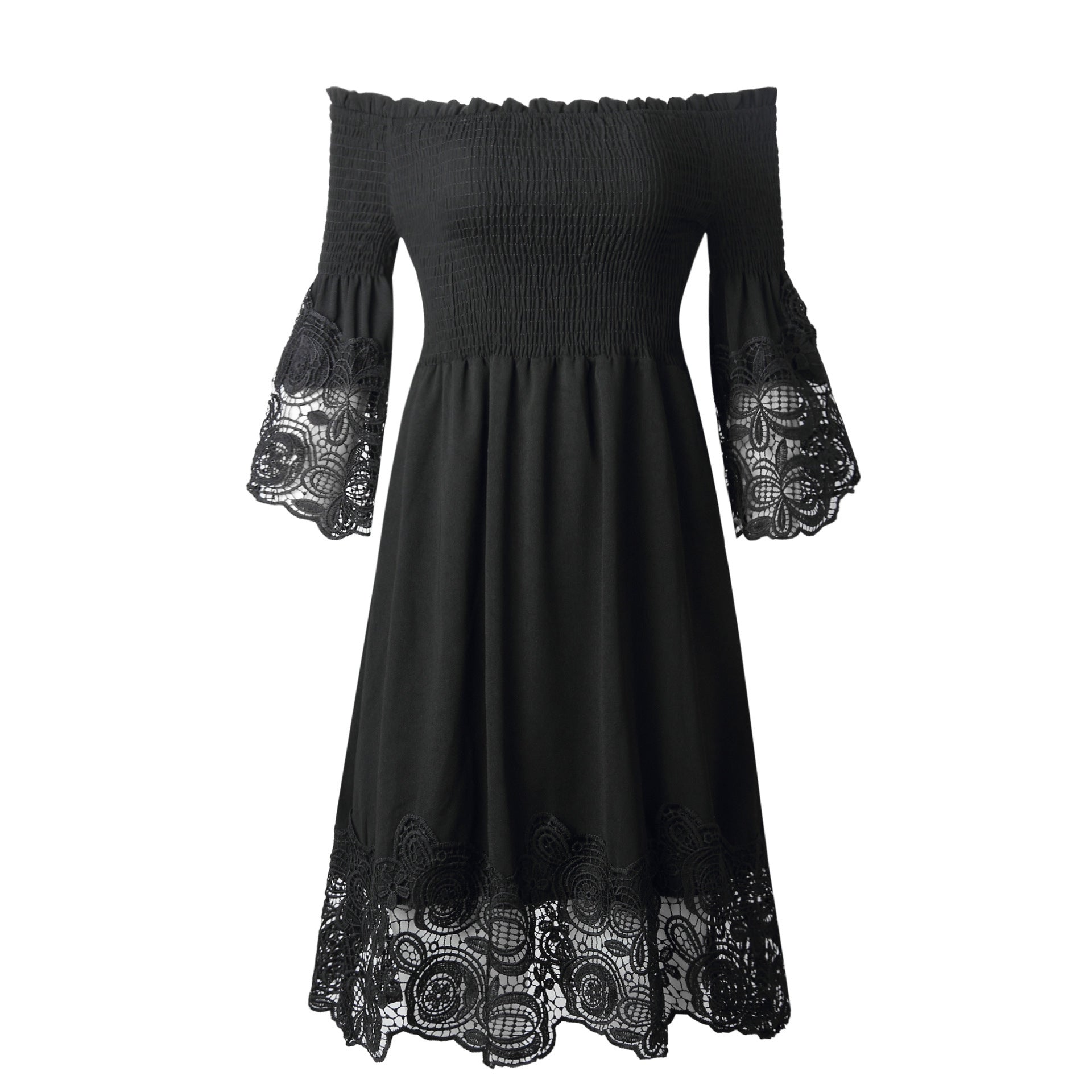 Spring Summer Top-Selling Product Women off-Shoulder Backless Solid Color Lace Dress