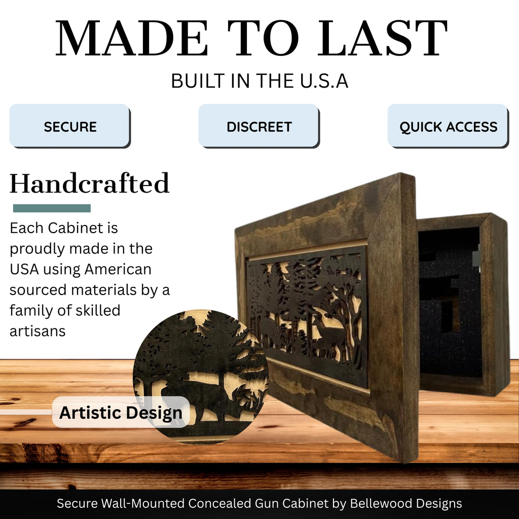 Hidden Gun Safe - Deer Scene Wall Gun Cabinet - Hidden Wall Storage - Wood Gun Cabinet - Handcrafted Gun Concealment Furniture - Hidden Gun Storage by Bellewood Designs
