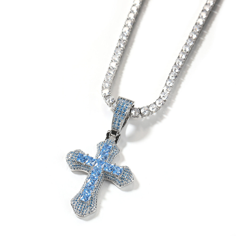 Hip-hop copper-inlaid purple zircon cross necklace