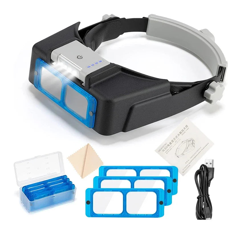 Rechargeable Headband Magnifier with 4 LED Lights — Interchangeable 1.5X/2X/2.5X/3.5X Lenses for Reading, Repair & Soldering