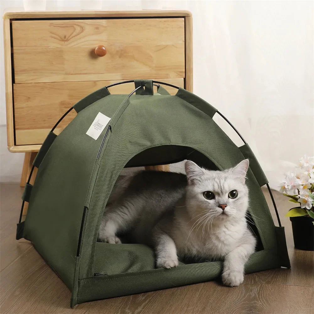 Foldable Semi-Closed Pet Nest Tent for Cats & Small Dogs — Breathable Fleece Bed with Removable Washable Pad, Anti-Slip Bottom, 3 Sizes (S/M/L)