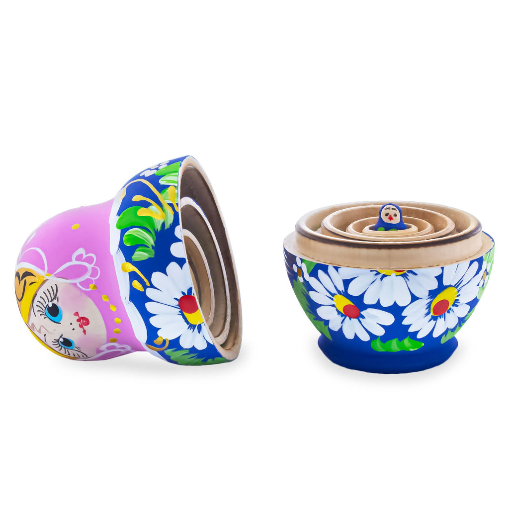 Pink Hood with White Flowers Wooden  Nesting Dolls